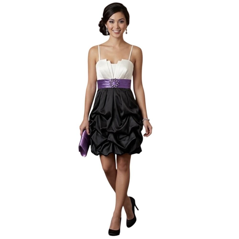 Iz Byer Dress Juniors Size 7 Black White Purple Satin Bubble Hem Party Grad Prom